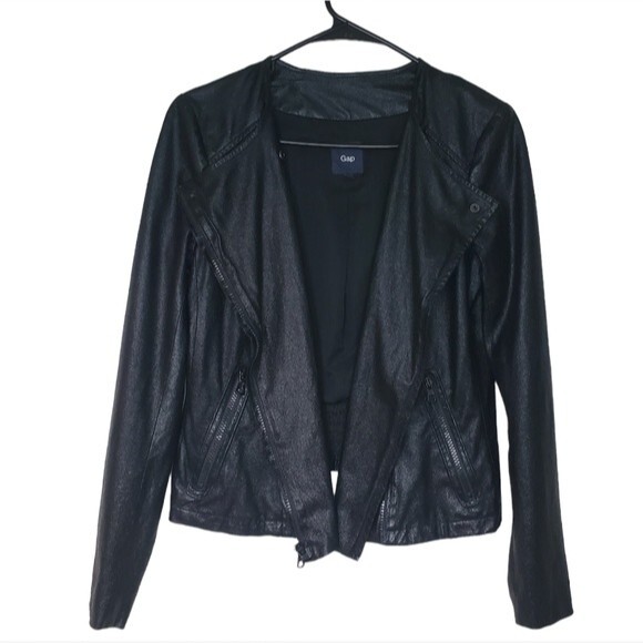GAP Faux Leather Ribbed Back and Front Asymmetrical Zipper Moto Jacket - Picture 3 of 9